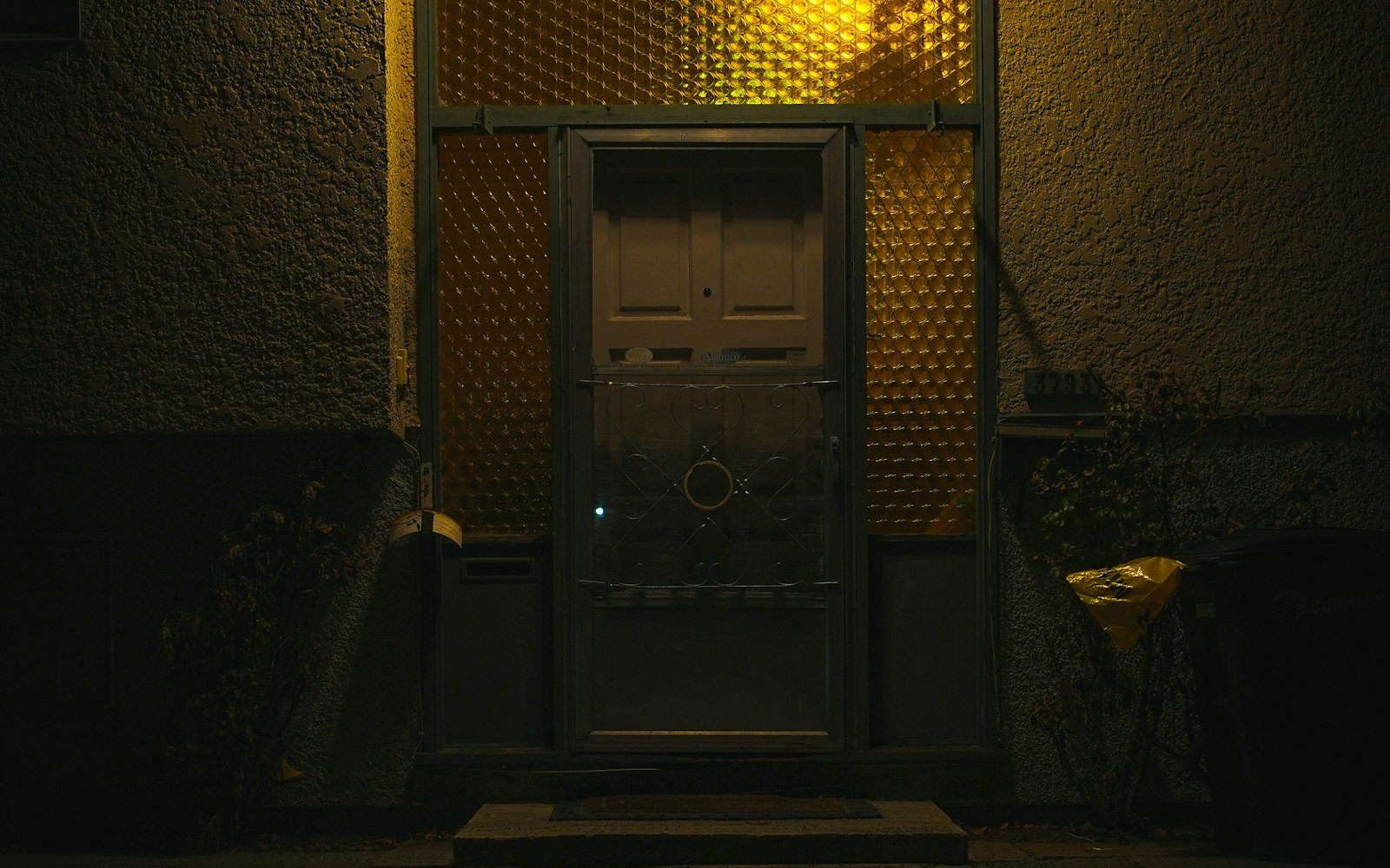 Closed front door of a building at night