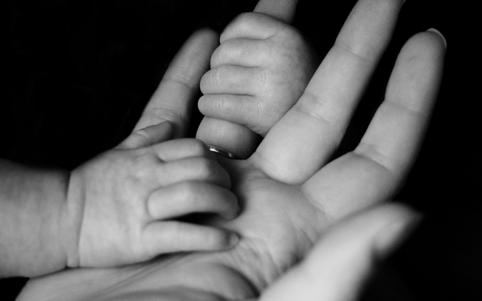 A baby’s hand holding an adult’s finger